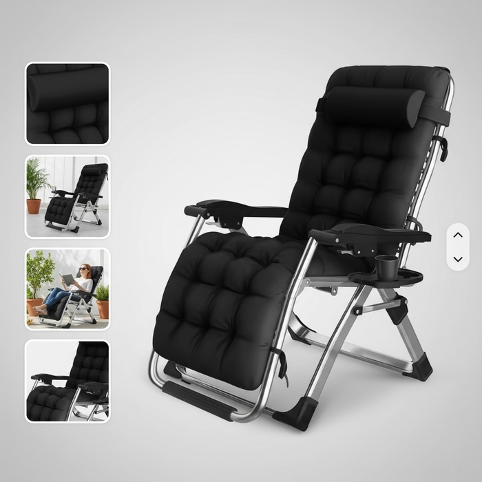 Шезлонг пляжний IdealGarden TDC01-BK розкладний з подушкою, чорний