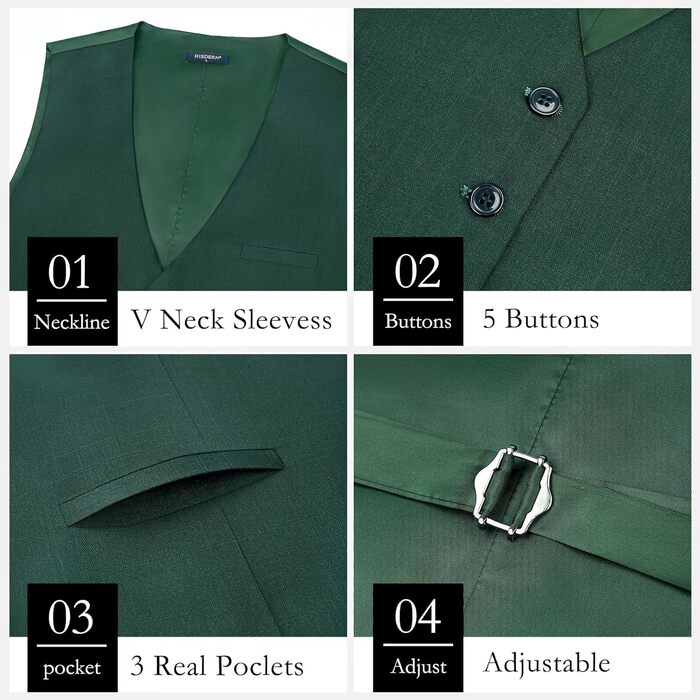 HISDERN Жилет чоловічий для весілля, класичний, ретро, бавовна, однотонний, елегантний, для бізнесу, вечірки, XS-4X (XXL, Зелений)