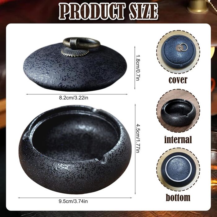 Керамічна попільничка з кришкою, попільничка для сигарет в приміщенні та на вулиці, декор для столу в дім та офіс (Чорний)