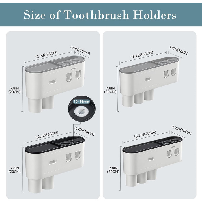 Тримач для зубних щіток настінний з автоматичним дозатором пасти для дітей та дорослих, 6 відділень для щіток, 2 магнітні стаканчики, сірий