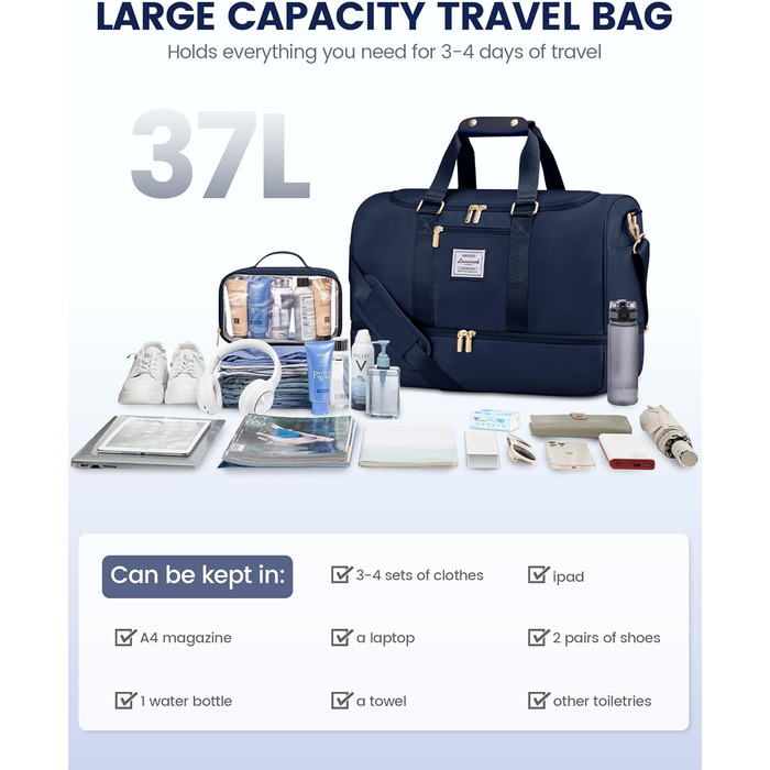 Спортивна сумка LOVEVOOK для подорожей: жіноча дорожня сумка-weekender з косметичкою, відділенням для взуття та мокрих речей, водонепроникна, ручна поклажа, для фітнесу, відпочинку, кемпінгу, блакитна M