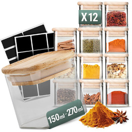 Stackable Spice Jars Set 150 ml Square - 12 Pieces - Airtight Glass Storage Containers - Bamboo Wood Lids - with Labels & Chalk Pen - Spice Storage, Kitchen Organization, Storage Jar