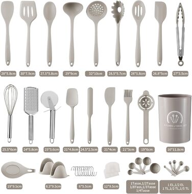 Набір кухонних аксесуарів 43 шт. Силіконовий набір лопаток, термостійкий та антипригарний. Набір кухонних інструментів бежевого кольору з контейнером, гачком для зберігання, придатний для миття в посудомийній машині, хакі
