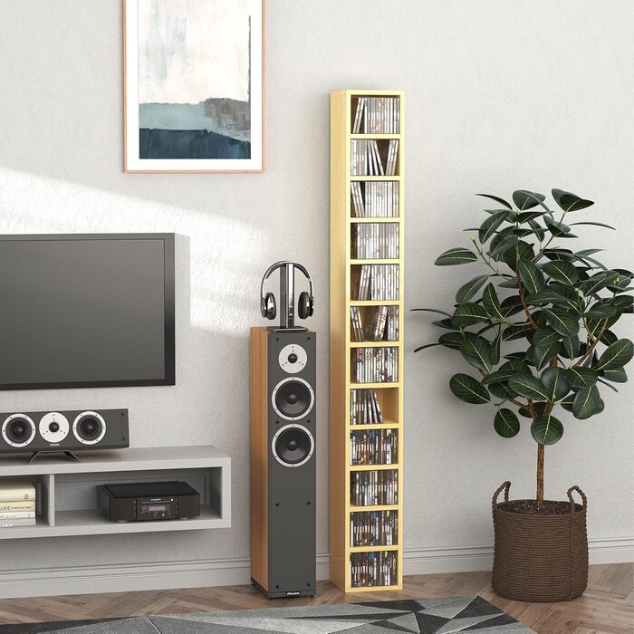 Шафа HOMCOM для зберігання CD, 12 секцій, 21x20x175 см, на 204 диски, колір бук бежевий