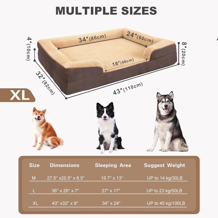 JOYELF Orthopedic Dog Bed for Large Dogs, Waterproof Foam Sofa with Removable, Washable Cover and Non-Slip Bottom for Small to Medium Dogs - (X-Large - 110*82*20cm, Coffee)