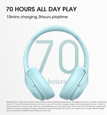 DOQAUS Бездротові Bluetooth навушники з мікрофоном, 70 годин роботи, Bluetooth 5.3, Over-Ear, 3 режими EQ, HiFi, складні, для (блакитний)