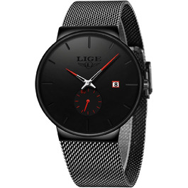 Годинник чоловічий LIGE Retro з металевим браслетом, водонепроникні, аналогові, кварцові, з датою, стильні, для бізнесу та повсякденного носіння (червоний, чорний)