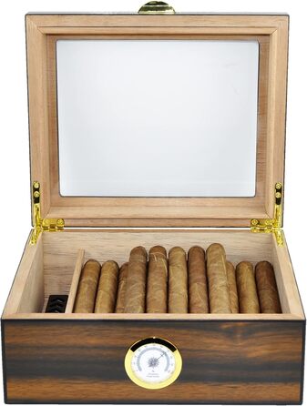 Вологозбережувач для сигар Eitida на 25-50 сигар з дисплеєм з загартованого скла, ручної роботи, з іспанського червоного кедру з перегородкою, зволожувачем та гігрометром, чорний ебоніт (Сантос Палісандр)