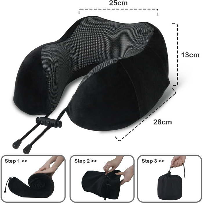 Подушка для шиї у вигляді U, Memory Foam, для подорожей, авто, офісу, дорослі, з маскою для сну та навушниками, чорна