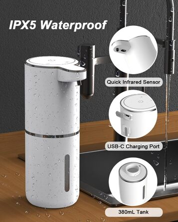Автоматичний диспенсер для мила Dalugo USB-C, електричний сенсорний дозатор мила з 4 рівнями регулювання, для кухні та ванної кімнати, білий