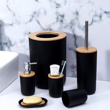 Набір аксесуарів для ванної кімнати Retoo 6 предметів: мильниця, тримач для зубних щіток, дозатор мила, чашка, чорний колір