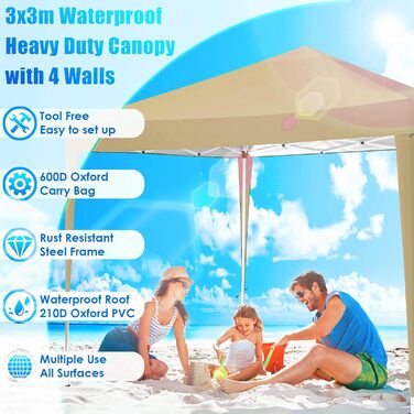 COBIZI Pavilion - Waterproof, Stable, Winter-Proof, Foldable, Pop-Up Gazebo/Party Tent for Beach, Wedding, Garden - with 4 Side Panels, UV Protection 50+, Adjustable Height (Khaki, 3x3m)