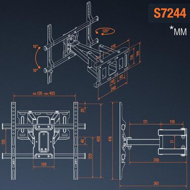 Кріплення для телевізора RICOO S7244: поворотне, нахильне, для телевізорів 32-65 дюймів, до 50 кг, VESA 400x400 мм
