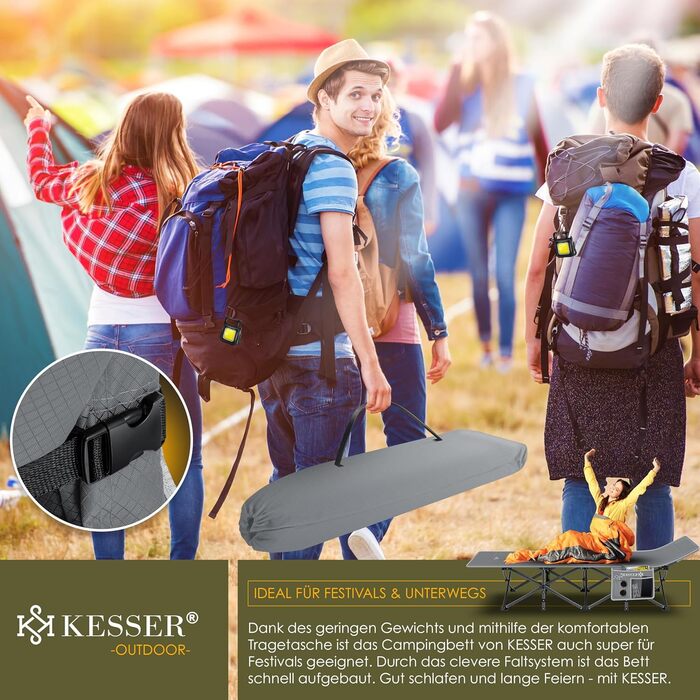 Кемпінгове ліжко KESSER® розкладне, металеве, 190 см, сіре, з сумкою та ліхтарем