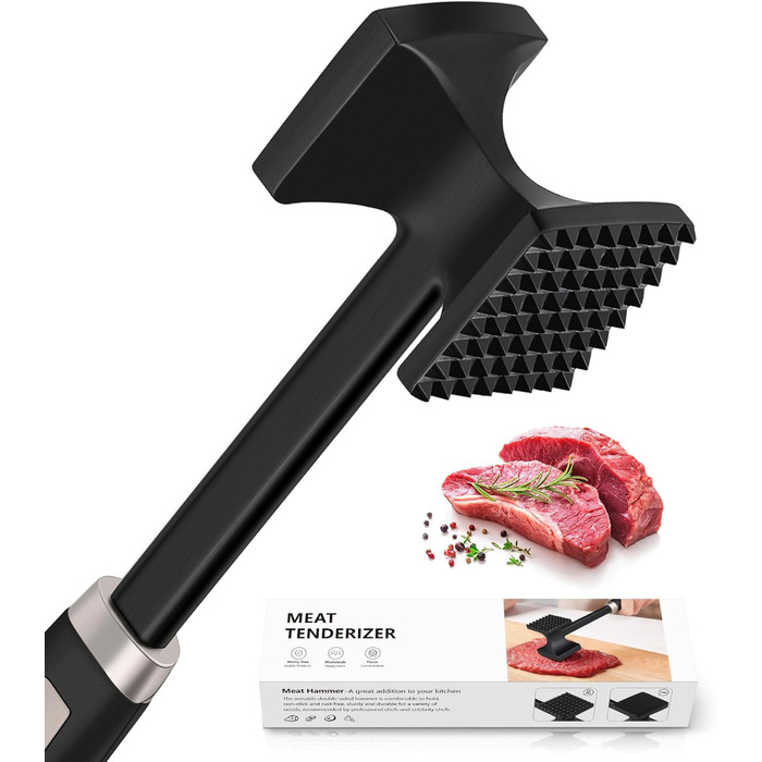 HOOMIL Fleischklopfer: подвійний молоток для відбивання м'яса з антипригарним покриттям, для шніцелів, стейків, сріблястий (квадратний, матовий чорний)