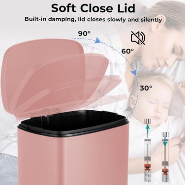 Відро для сміття LIFERUN 30л з кришкою, м'яким закриттям, з внутрішнім відром, сталеве, для кухні, ванної кімнати, офісу, рожеве