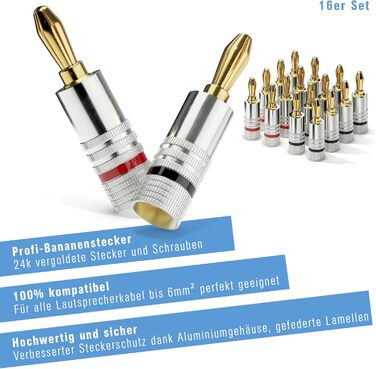 Набір банан-штекерів Sonero S-SC000-16 (16 шт.), 24K Gold, для акустичних кабелів до 6 мм², з кольоровим кодуванням (8x червоний, 8x чорний)