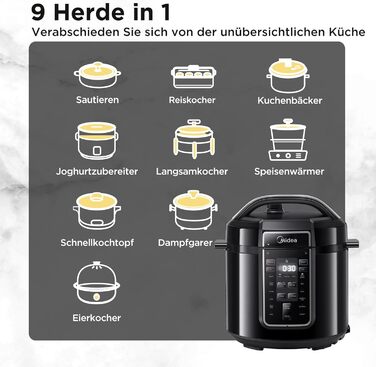 Midea Electric Pressure Cooker 9-in-1, 12 Presets Instant Multi-Cooker Non-Stick Pot Yogurt Maker Rice Cooker Slow Cooker Sauté Steamer Stainless Steel Inner Pot, 6 Quarts Black 6 Liters