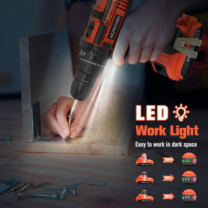 Акумуляторний шуруповерт AKZWOXRO 21V з 2 акумуляторами 2.0Ah, 42Nm, 2 швидкості, 25+3 ступені крутного моменту, патрон 10мм, LED, 30шт аксесуарів для дому та саду, помаранчевий колір