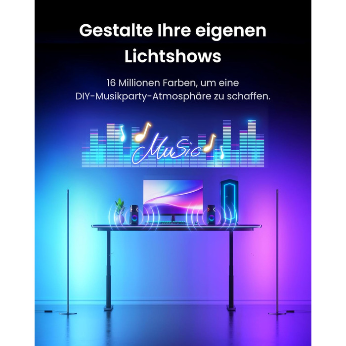 SwitchBot LED торшер для вітальні з RGBCC, керування через додаток, сумісний з Apple Home, Alexa, Google Home, чорний, з режимами сцени та музики