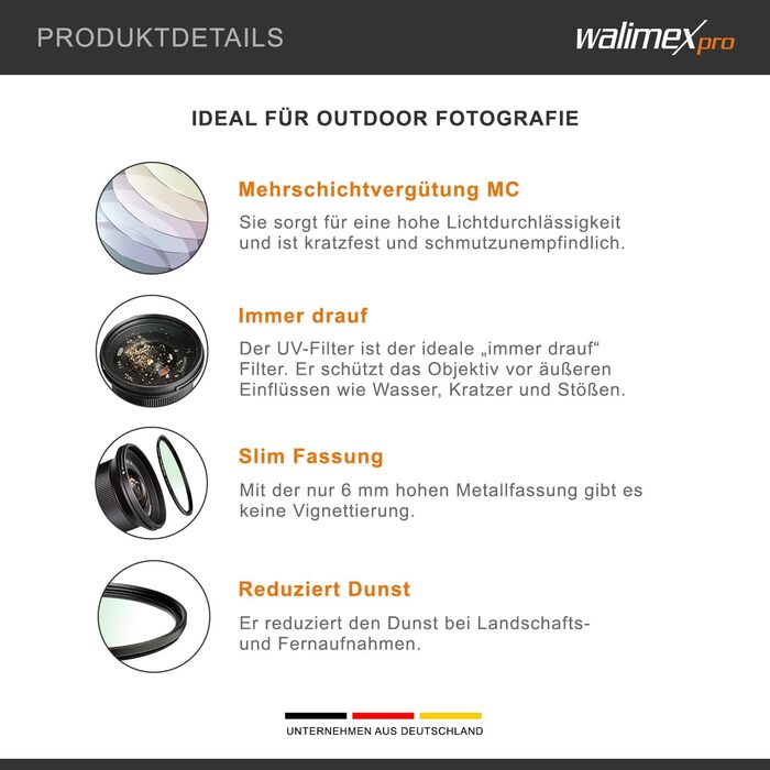 Фільтр UV Walimex Pro Slim MC 67mm - захист від ультрафіолету та забруднень, багатошарове покриття, металева рамка, чохол (46 мм)