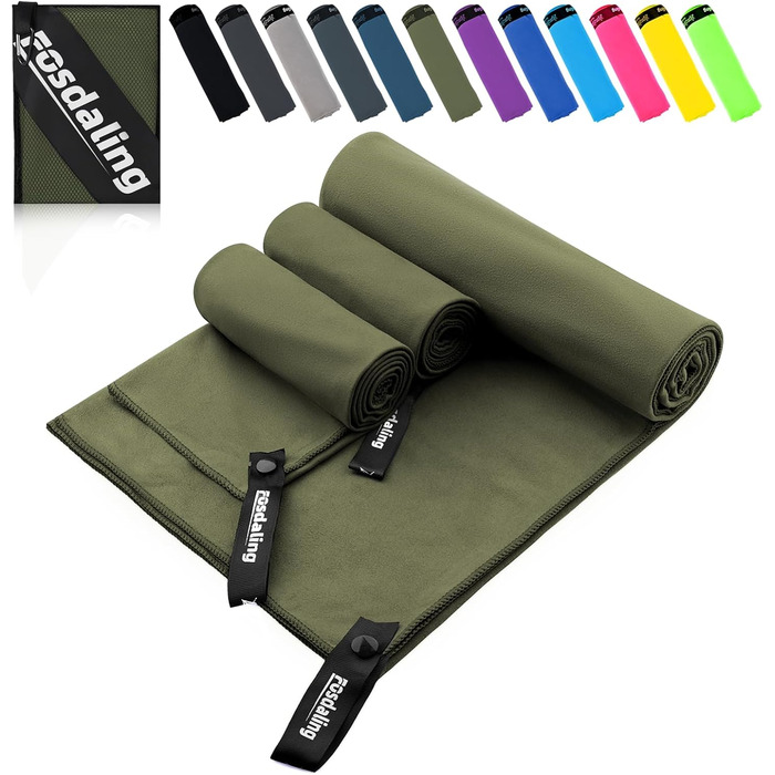 Набір з 3 рушників з мікрофібри (великий 160x80 см та 2 маленькі 80x40 см), швидковисихаючі рушники для фітнесу та спорту, для пляжу, ванни, спорту та подорожей (армійний зелений)