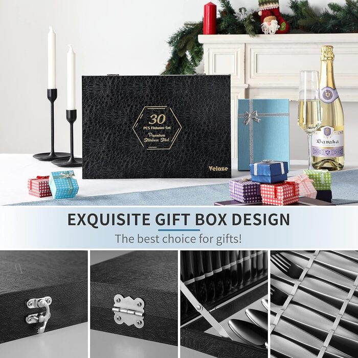 Набір столових приборів Velaze 24 шт. з нержавіючої сталі 18/10, набір столових приборів на 6 осіб (ложки, виделки, ножі, чайні ложки), полірований, з подарунковою коробкою, придатний для миття в посудомийній машині