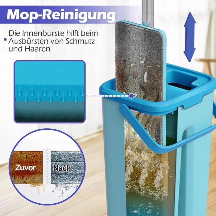 Набір для миття підлоги з відром, вичавлювач для швабри, 2 в 1, швабра-моп з регульованою ручкою з нержавіючої сталі та 6 мікрофібрових насадок, підходить для плитки та ламінату (швабра з відром: блакитний + синій)