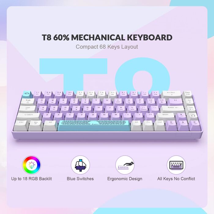 YINDIAO T8 Комплект ігрової клавіатури та миші RGB 60% + USB-C кабель, Механічна клавіатура 68 клавіш TKL, Миша з дизайном стільової клітки, до 6400DPI, для PC PS5 - Сірий (Блакитні перемикачі)