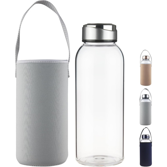 SHOW INGENUITY 1.5 Liter / 1.5L Glass Drinking Bottle with Neoprene Sleeve, 1500ml Borosilicate Glass Water Bottle with Stainless Steel Lid, BPA Free Glass Bottle