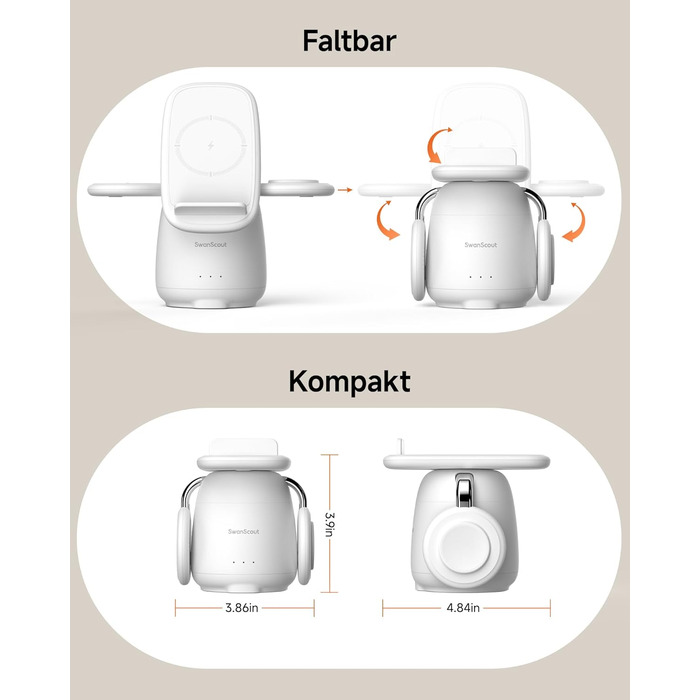 Бездротова зарядка SwanScout 3-в-1 для Samsung Galaxy S25 Ultra, S24, S23, Z Flip 7, Z Fold 7, Galaxy Watch 8/Ultra/7/6/5, Buds (без адаптера) біла