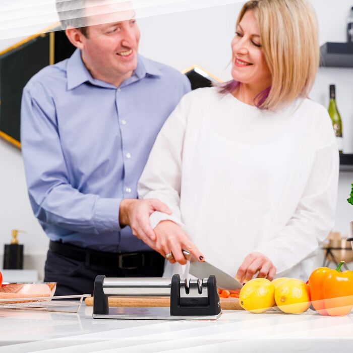 Точилка для ножів Spitzer Premium ручна, 2 ступені, для сталевих ножів, з антиковзною основою, нержавіюча сталь/чорний