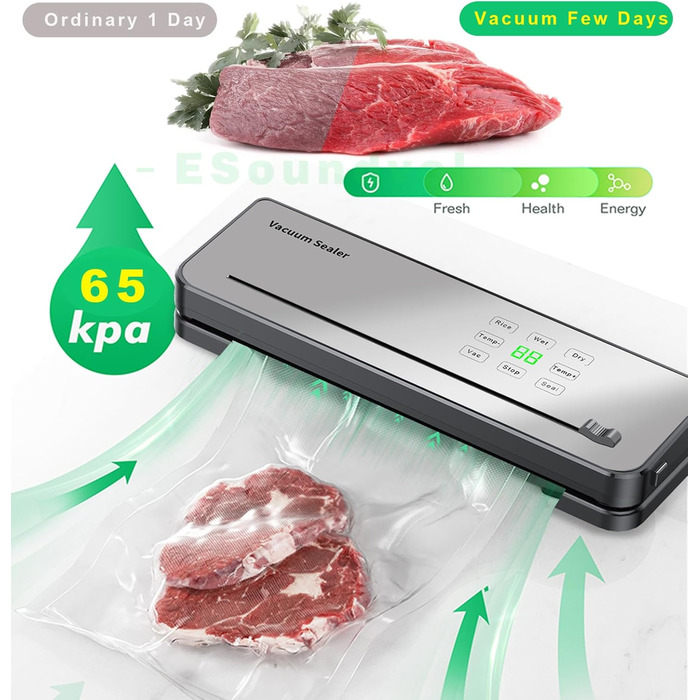 Вакуумний пакувальник ESoundvol 8-в-1 з контролем температури, вбудованим різаком та LED-дисплеєм для зберігання продуктів, 10 пакетів