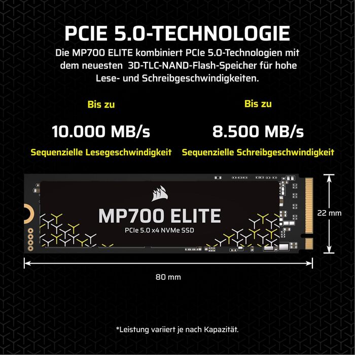 SSD Corsair MP700 Elite 2TB PCIe 5.0 NVMe M.2 – Швидкість до 10000 МБ/с, без радіатора
