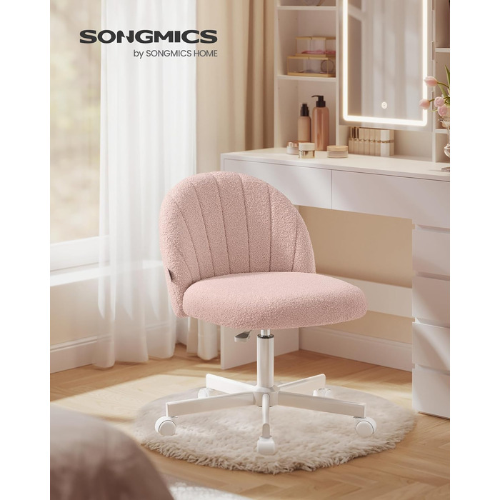 Офісний стілець SONGMICS для дому, рожевий, з м'якою оббивкою з флісу, регульована висота, для спальні, робочого кабінету, гардеробної