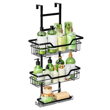 Поличка для душу без свердління, чорна, настінна, для скляних дверей, з 3 кошиками для шампуню та гелю для душу, стильна модель A