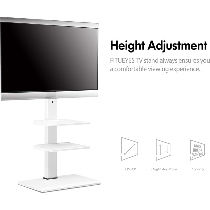 FITUEYES TV Stand White Series-S - 32-65 Inch, 40kg Capacity, Adjustable Height, Swivel & Tilt, 400x600 VESA, 3 Shelves