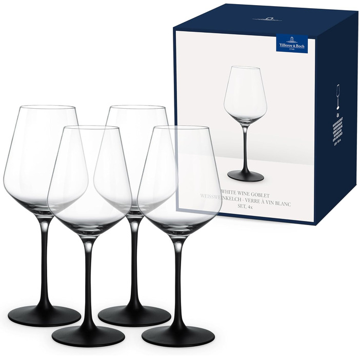 Villeroy & Boch – Manufacture Rock White Wine Glass Set, 4-Piece, White Wine Glasses, Wine Glass Black Stem, Beautiful Transparent Black Wine Glasses, Exceptional Wine Glasses, Crystal Glass