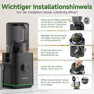 Центрифужна соковижималка AMZCHEF 600W з широким завантажувальним отвором 155 мм для цілих овочів та фруктів, чорна