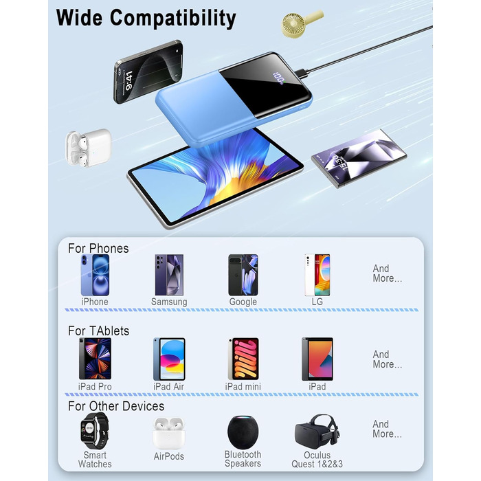 Power Bank 10000mAh, 22.5W, PD USB-C, для iPhone, Samsung та інших, чорний/синьо-чорний