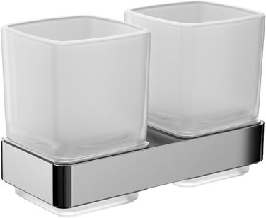 emco LOFT double-glazed glass holder for wall mounting, elegant and compact toothbrush holder made of aluminum and crystal glass, high-quality chrome and satin-finish toothpaste cup, Chrome