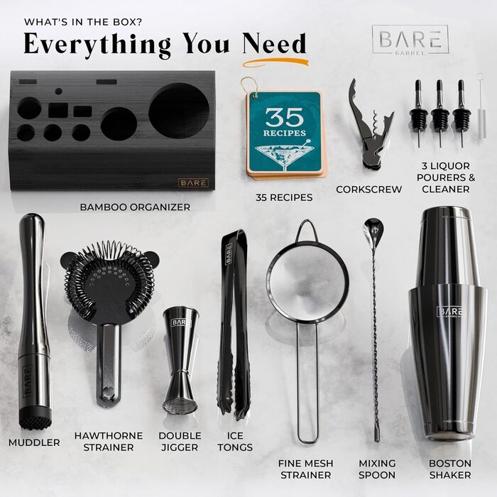 Bare Barrel Pro Cocktail Set - 14 Piece Boston Shaker Set with Stand & Recipe Cards (Jet Black) 0.8L