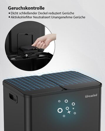 Відро для сміття lovewind подвійне 2x15л, нержавіюча сталь, з кришкою та внутрішніми відрами, для кухні, софт-клоуз, чорне