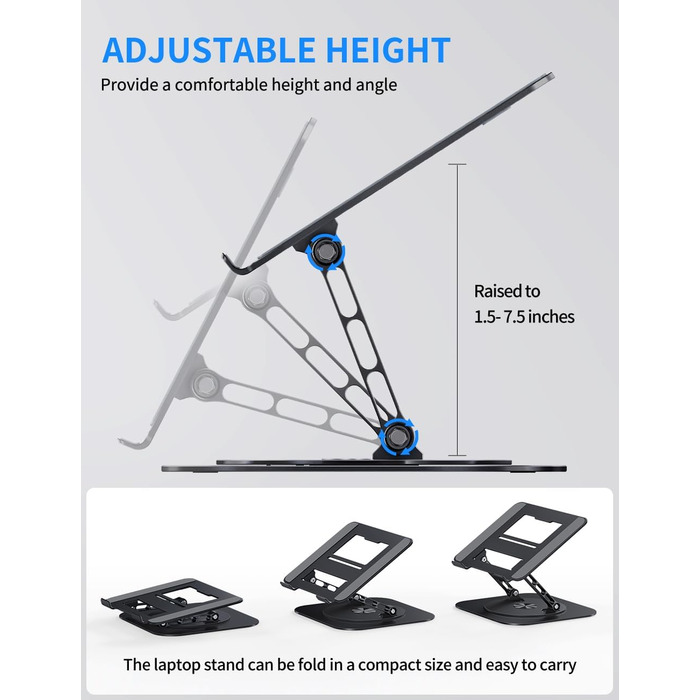 Adjustable Laptop Stand with 360° Swivel Base - Stable Ergonomic Foldable Laptop Riser for Desk - Compatible with MacBook Pro/Air & Notebooks up to 16 inches (A-Black)