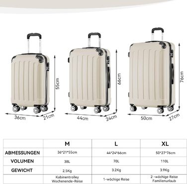 Набір валіз Beibye Hartschalen з ручкою-телескопом (M-L-XL) - темно-зелений, кремовий