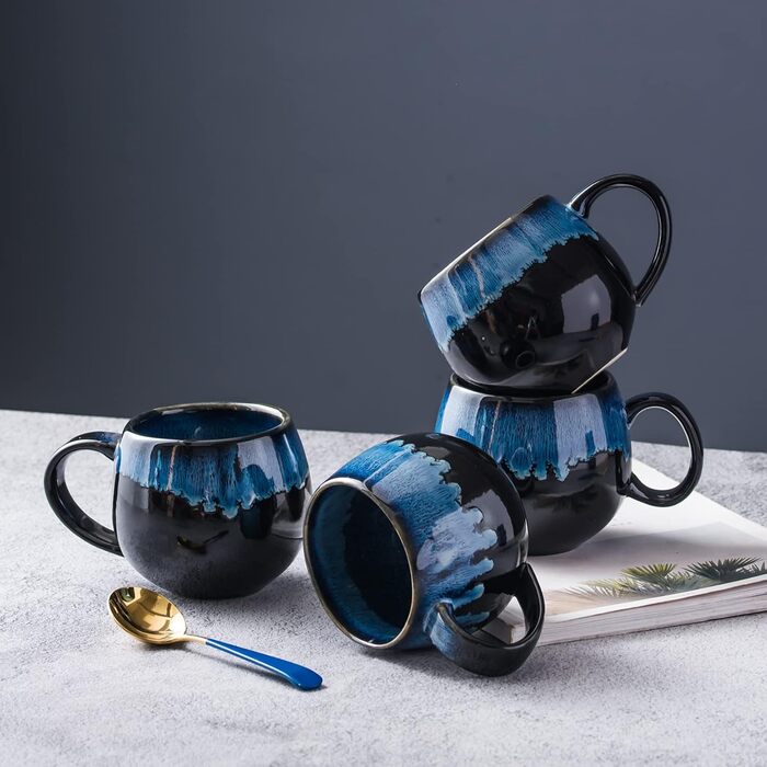 UNICASA Porcelain Coffee Mugs, Set of 4 Cups with Handles, Each 530 ml, Porcelain Cups for Tea, Coffee, Milk, Cappuccino, Blue