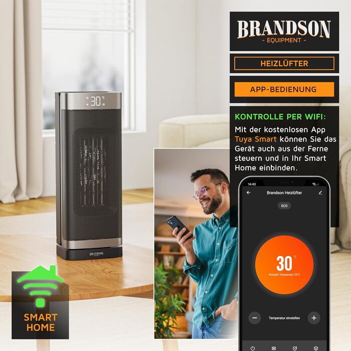Керамічний обігрівач Brandson з Wi-Fi, тихий, енергозберігаючий, з пультом ДУ, захист від дітей, таймер, 2 режими, ECO-режим, для ванної, вітальні, офісу, дитячої кімнати