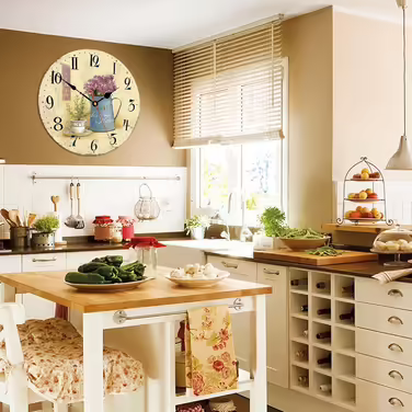 Toudorp Wooden Wall Clock with Arabic Numerals, Easy to Read, Silent Wall Clock, Retro, Battery Operated, Cafe and Flower Pattern, Decorative for Bedroom, Living Room, Dining Room (Cafe and Flowers, 12 inches)