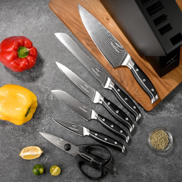 NANFANG BROTHERS 18-Piece Damascus Kitchen Knife Set with Hammered Handles & Wooden Block - Premium Quality