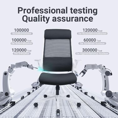 Ергономічне крісло для офісу з регульованою підголівником, крісло для робочого столу з сітки, відкидні підлокітники, широке сидіння, функція гойдання, комп'ютерне крісло EN 1335, офісне крісло 200 кг (чорно-біле)